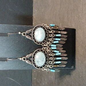 Faux larima dangling silver tone earrings